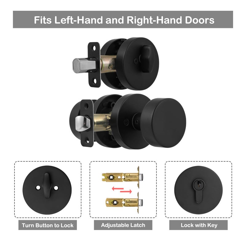naubea Exterior Black Door Knob with Single Cylinder Deadbolt Lock Set, Round Entry Door Knob with Deadbolt Locksets, Matte Black Front Door Lock Set, Black Front Door Handle and Deadbolt Set - Image 4